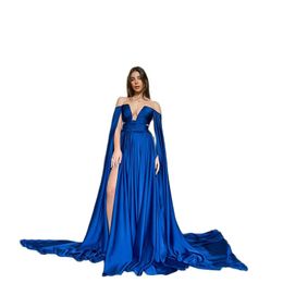 2022 Blue Prom Dresses Plunging V Neck Off The Shoulder Bodycon Pleated Evening Gowns Ruched Mermaid Vestidos De Gala