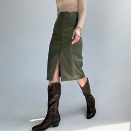 Sexy blackish green autumn winter women skirt Elegant office pu leather skirt High street fashion female pencil skirts 210331