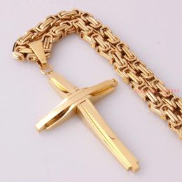 Chains Gold Tone Jesus Cross Pendant Necklace Stainless Steel Men Jewellery Byzantine Link Chain Christian Gift Wholesale