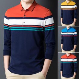 Men's Polos Men Shirt Stripe Buttons Soft Breathable Slim Long Sleeves Turn-down Collar Contrast Colour Business Office Tops Daily ClothesMen