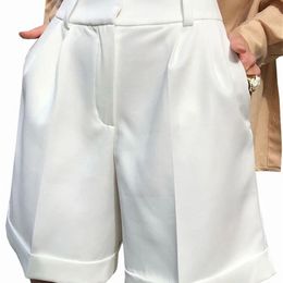 White Suit Shorts Women Straight Leg Mid Waist With Zipper Button Pockets Ladies Summer Clothes Casual Loose Short Pants 220527