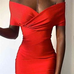 Moonccloset New Summer 5 Colors Sexy Fashion Women s Off Shoulder Bandage Dress Green Night Club Party Dress 210320