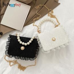 Evening Bags Vintage Women Pure Colour Lace PU Leather Shoulder Crossbody Messenger Bag Casual Ladies Pearl Chain Small Top-handle Handbags