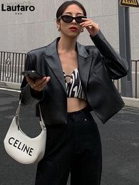 Lautaro Spring Black Casual Short Soft Light Pu Leather Jacket with Long Sleeve Spring 2022 Womens Fashion Blazer Autumn Clothes L220801