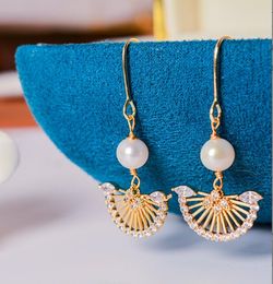 14k Gold plated Fan crystal Ear hook Dangle & Chandelier natural Freshwater pearl Earrings white Lady/girl wedding Fashion Jewellery