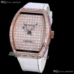 Vanguard V45 Miyota 8215 Automatic Mens Watch Paved Square Diamond Dial Rose Gold Baguette Diamonds Bezel White Gummy Strap Iced Out Jewellery Watches Puretime E243d4