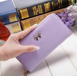 Women Fashion PU Cards Wallet Gold Bowknot Female Leather Wallet Solid Colour Coin Bag Phone Purs Lady Long Clutch Wallet