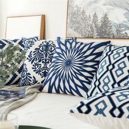 blue pillows UK - Home Decor Embroidered Cushion Cover Navy Blue White Geometric Floral Canvas Cotton Suqare Embroidery Pillow Cover 45x45cm LJ20121167m