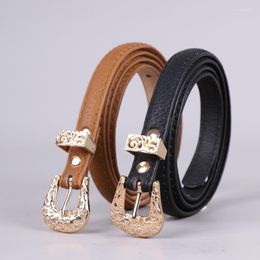 Belts Retro Carved PU Leather Women Belt Gold Metal Buckle Vintage Female Casual Pants Jeans Pin WaistbandBelts Emel22