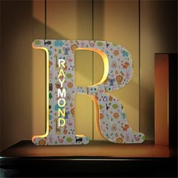 Custom Wooden Name Letter LED Light 26 Letter Personalized Colorful Cartoon Animal Po Painting Night light For Room Decorate 220623
