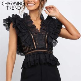 Women Lace Tanks Tops Openwork V-Neck Backless Sleeveless short Tanks Summer Black Lace Banquet Elegant Female Party Tops Caim 210702