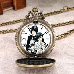 Pocket Watches Retro Bronze/Black Anime Pattern Dial Quartz Watch Vintage Fashion Necklace Antique Clock GiftsPocket