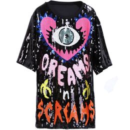 Women's spring summer tops love peach eyes clear letter sequins long loose T-shirt shiny top dress Fashion Sequin T-Shirt for women street hip hop clothing