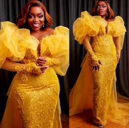 Plus Size Arabic Aso Ebi Yellow Luxurious Sheath Prom Dresses Beaded Sequined Lace Evening Formal Party Second Reception Birthday Engagement Gowns Dress ZJ224