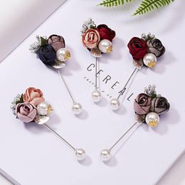 Ladies Cloth Art Fabric Flower Pearl Brooch For Women Leaf Long Needle Cardigan Shirt Shawl Suit Lapel Pins Jewelry