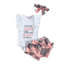Clothing Sets 0-18M Cute Born Baby Girl Clothes 3pcs Letter Printed Ruffles Sleeve Romper Tops Floral Bow Shorts HeadbandClothing