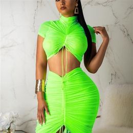 Neon Green Yellow Sexy Two Piece Set Women Turtleneck Short Sleeve Crop Top+ Pleated Bodycon Dress Tracksuit 2 Club Outfit 220509