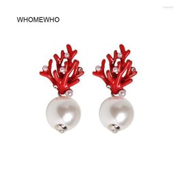 Stud Red Coral Deer Antler White Faux Pearl Christmas Earrings Fashion Xmas Gift Jewellery Holiday Party Ear AccessoriesStud Dale22 Farl22