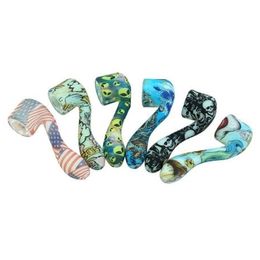 Glow In The Dark Silicone Pipes 4.6inch Water Transfer Printing 7 Word Shape With Hidden Bowl Piece Bent Spoon Type Unbreakable Luminous Colorful Tobacco Smoking Pipe