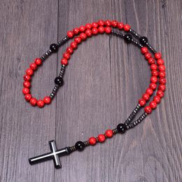 Pendant Necklaces Vintage 8mm Red Pine Stone Christ Rosary Hematite Cross Necklace For Men Women Jewellery Wholesale DropPendant