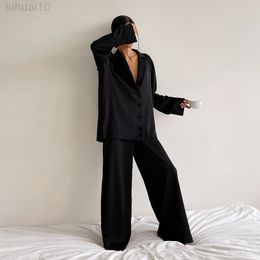 Hiloc Oversized Satin Silk Nightwear Low Cut Sexy Pyjamas For Women Single-Breasted Long Sleeves Wide Blowjob Pants suits L220803