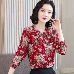 Women Spring Summer Style Chiffon Blouses Shirts Lady Casual Long Sleeve Bow Tie Collar Printed Blusas Tops DF3805 210326