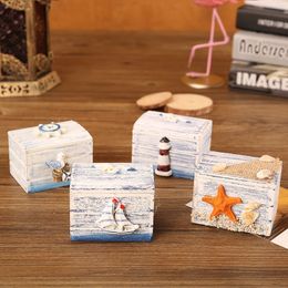 Mediterranean Storage Box Small Vintage Trinket Boxes Wooden Jewellery Chest Case Home Craft Decor Starfish Ocean Pattern MJ0608