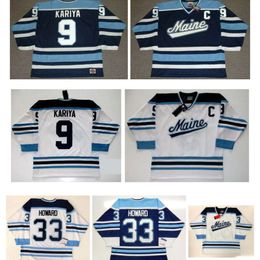 Vintage Maine Black Bears Jersey 9 KARIYA 33 Jimmy Howard White Blue Stitching Hockey Jerseys