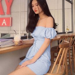 OOTN Blue White Plaid Backless Summer Dress Women High Waist Lace Up Off Shoulder Bodycon Dress Sexy Beach Short Sundress Female 220511