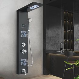 Rainfall LED Shower Panel Wall Mounted SPA Massage Jet Shower Column With Digital Display Hot Cold Mixer Black/Brushed
