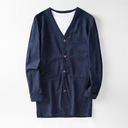 Men's Trench Coats Japanese Style Cotton Linen Coat Men Vintage Button Up Casual Windbreaker Blue Jacket Oversize Boys V Neck Top 3xl Viol22