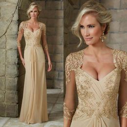 Champagne Mother Of The Bride Dresses Chiffon Sexy V Neck Long Sleeve Appliques Sequins High Waist Elegant Cheap Plus Size Mother dresses Evening Prom Gowns