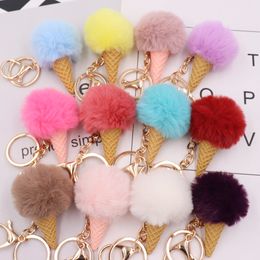 14 Colors 5CM Fluffy Faux Rabbit Fur Ball Key Rings Women Girls Ice Cream Cone Keychain Pendant Bag Cute Key Ring Ornament Jewelry Accessories