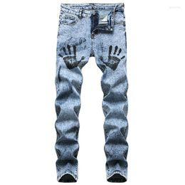 Men's Jeans Men's Blue Skinny Spring Autumn Palm Print Denim Cowboy Trousers Pantalones Men Cotton Casual Long Pants Size 29-42