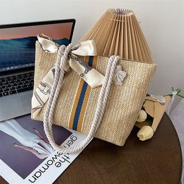 Large Capacity Simple Straw Bag Fashion Woven Womens Tote Shoulder Bag Trendy Striped Buckle Handbags for Women Summer 220815