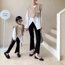 Autumn fashion parent-child outfits Mother and daughter cotton white irregular slit shirt and fashion waistcoat 2pcs sets
