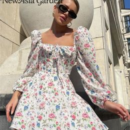 Asia Floral Dres Lantern Long Sleeve Ruched Print A Line Square Neck Tie up Mini Vestidos Sexy Chic Summer Beach Dress 220423