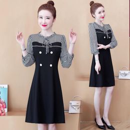 Casual Dresses Korean Fashion Clothing Woman Party Sexy Vintage Plus Big Size Women's Clothes 2022 Striped Stitch Black Female A6143