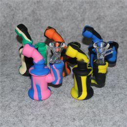 Unique Design Mini Silicone oil Rig Water pipe Smoking Pipe bong hookah Reusable Silicon Cigarette Hand Pipes With Glass Bowl 10 Colours