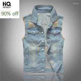 Men's Vests Korean Slim Plus Size 4XL 5XL Men Denim Sleeveless Frayed Patchwork Hole Quality Jean Jackets Waistcoat Fashion Streetwear Stra2