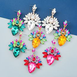 Dangle & Chandelier Coloured diamond alloy diamond-encrusted flower earrings European and American cross-border drop-shaped glass diamond earrings