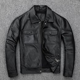 Men's Leather & Faux American Leisure AMEKAJI Head Layer Cowhide Motorcycle Jacket Lapel Coat Of Thickening Male