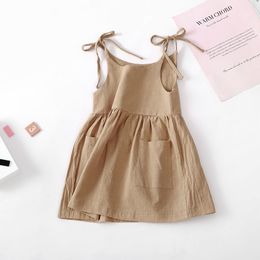 키즈 여자 캐주얼 드레스 여름 아기 옷 소매 소매 포켓 A- 라인 드레스 아이 드레스 0 39