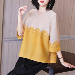 Women's T-Shirt Fold Nail Bead Large Top Spring 2022 Women's Loose Belly Covering Thin Fashion T-shirtWomen's