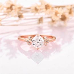 Cluster Rings RandH 14K Yellow Solid Gold 1.1 6.5mm Cushion Cut Moissanite Leaf Engagement Anniversary Women's RingsCluster