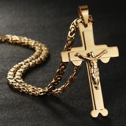 -Collane a sospensione cattolica maschio Gesù Cristo cross oro Colore crocifisso collacerato per uomini in acciaio inossidabile gioielli bizantini nc045p