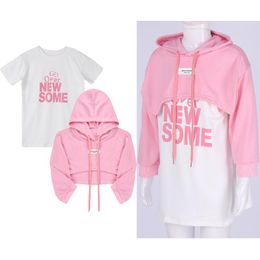 Clothing Sets Spring Autumn Girls Clothes Fashion Kids Long Sleeve Hooded Sweatshirts Crop Top With Short Letter Print T-shirt Tops SetCloth
