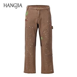 Fashionable Patchwork Cargo Flared Pants Khaki Black Splash Ink Wide Leg Pant Hip Hop Graffiti Trousers Men 220325