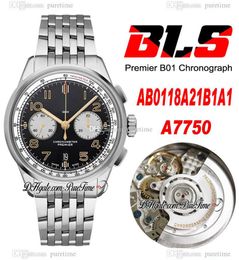 BLS Premier B01 42mm Eta A7750 Automatic Chronograph Mens Watch Steel Black White Dial Number Stainless Steel Bracelet AB0118221B1A1 Super Edition Puretime 04I9