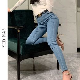 Yedinas 90s Women High Waist Jeans Black Blue Stretch Hip Slim Fit Skinny Pencil Pants Wash Denim Trousers Female Push Up 210527